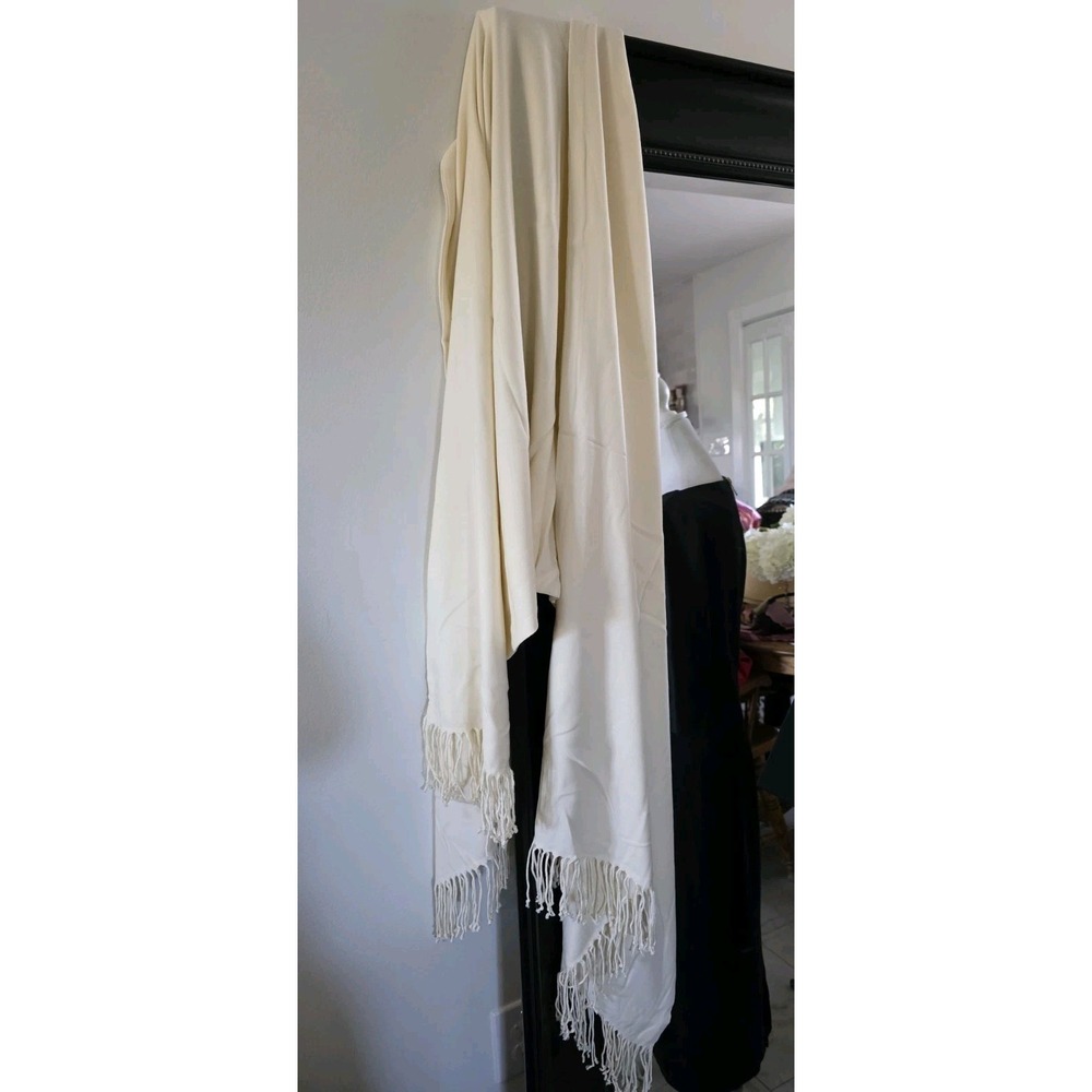 Cream Pashmina Style Shawl Wrap Fringe Soft Cashmere Silk Blend Made in Turkey - Picture 4 of 12